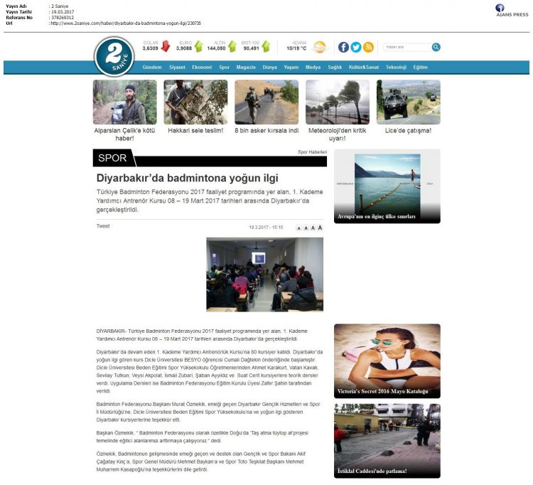 2 Saniye – 20.03.2017 – Diyarbakır’da Badminton’a Yoğun İlgi