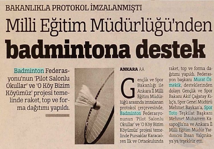 Türkiye Gazetesi – 18.03.2017 – Milli Eğitim Müdürlüğü’nden Badminton’a Destek