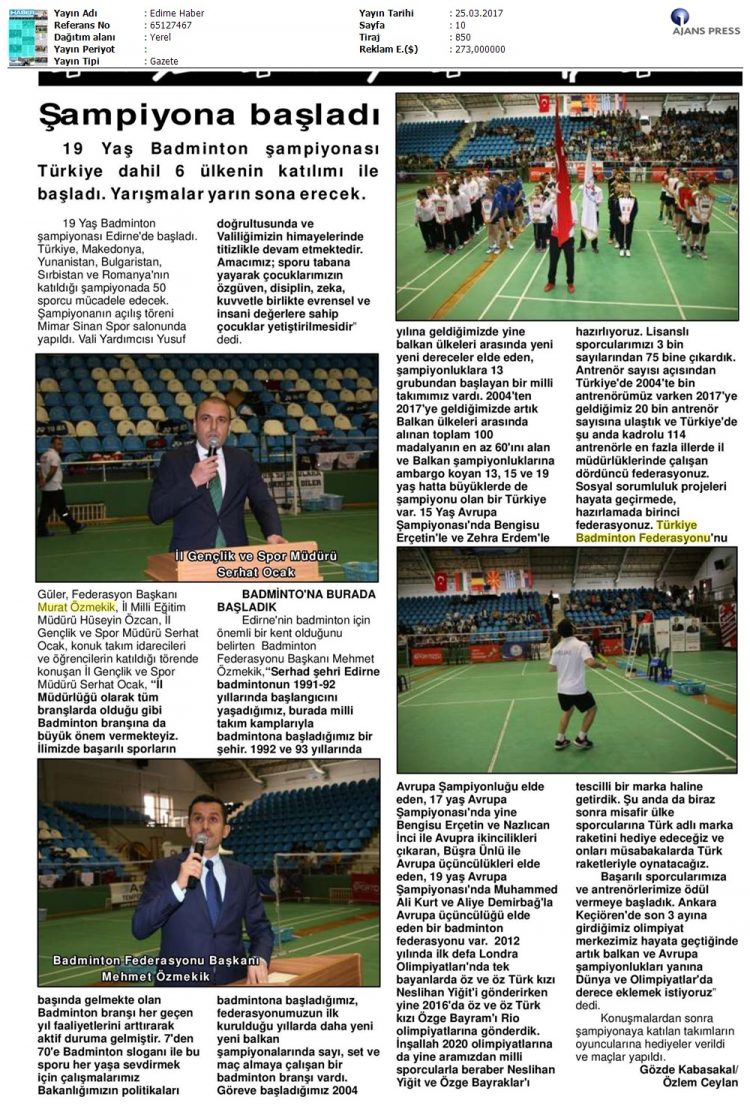 Edirne Haber – 27.03.2017 – Şampiyona Başladı