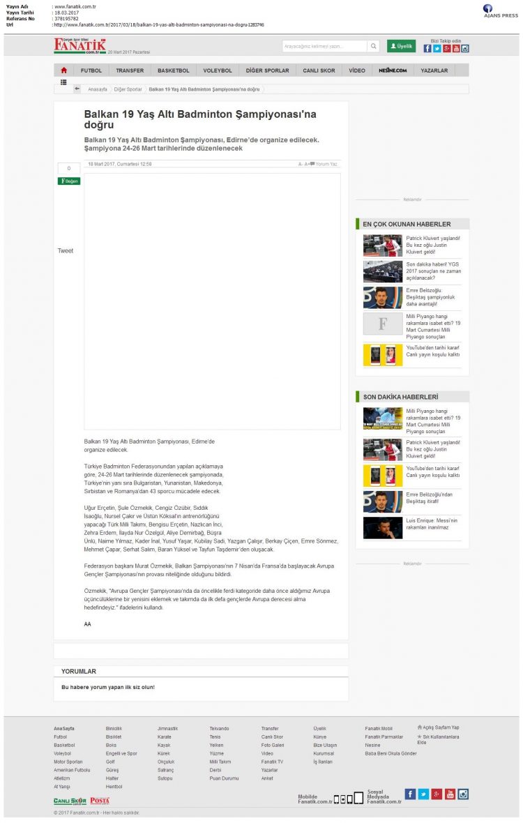 Fanatik – 20.03.2017 – Balkan 19 Yaş Altı Badminton Şampiyonası’na Doğru