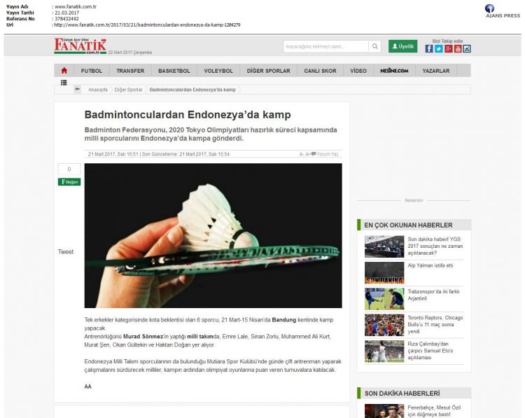 Fanatik – 22.03.2017 – Badmintonculardan Endonezya’da Kamp