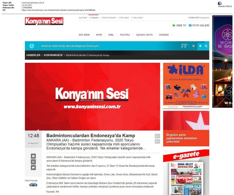 Konya’nın Sesi – 22.03.2017 – Badmintonculardan Endonezya’da Kamp