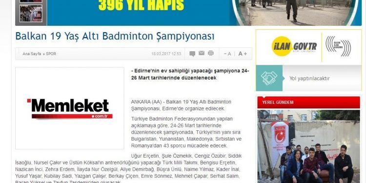 Memleket – 20.03.2017 – Balkan 19 Yaş Altı Badminton Şampiyonası