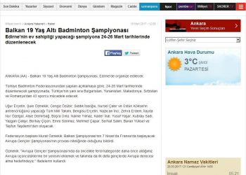 Milliyet – 20.03.2017 – Balkan 19 Yaş Altı Badminton Şampiyonası