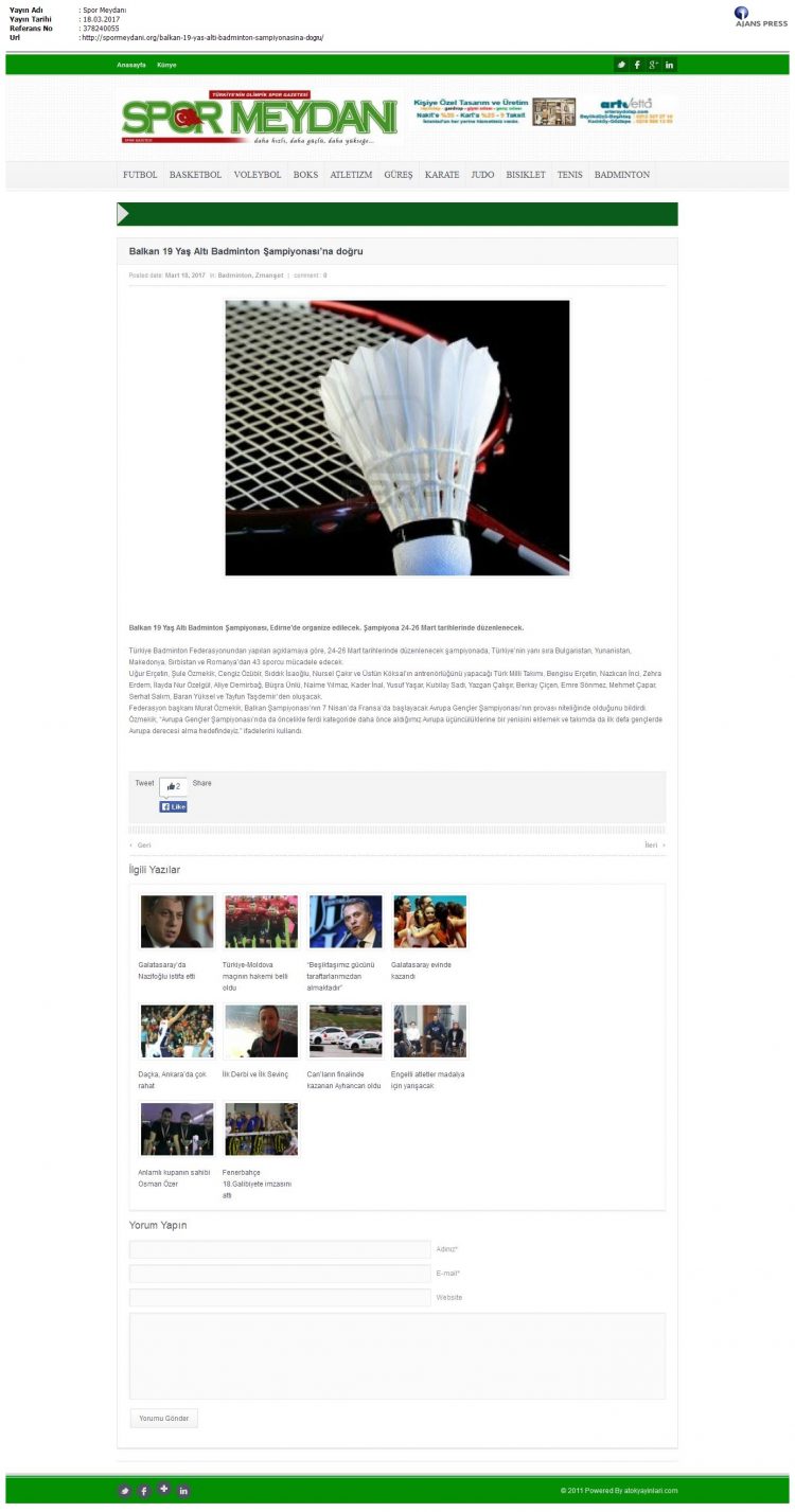 Spor Meydanı – 20.03.2017 – 19 Yaş Altı Balkan Badminton Şampiyonası’na Doğru