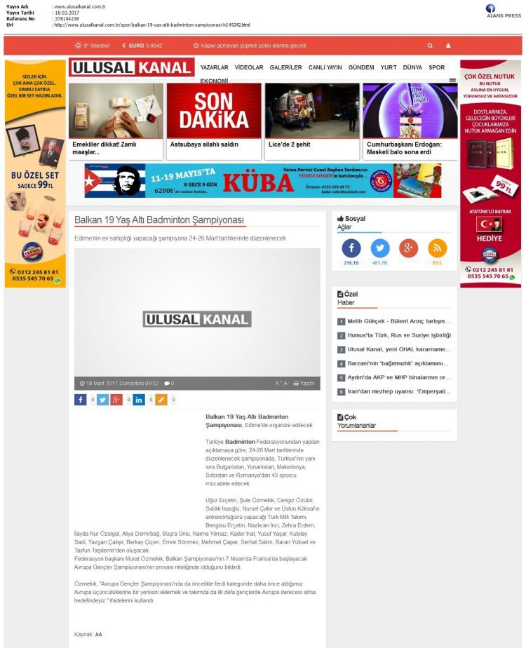 Ulusal Kanal – 20.03.2017 – Balkan 19 Yaş Altı Badminton Şampiyonası