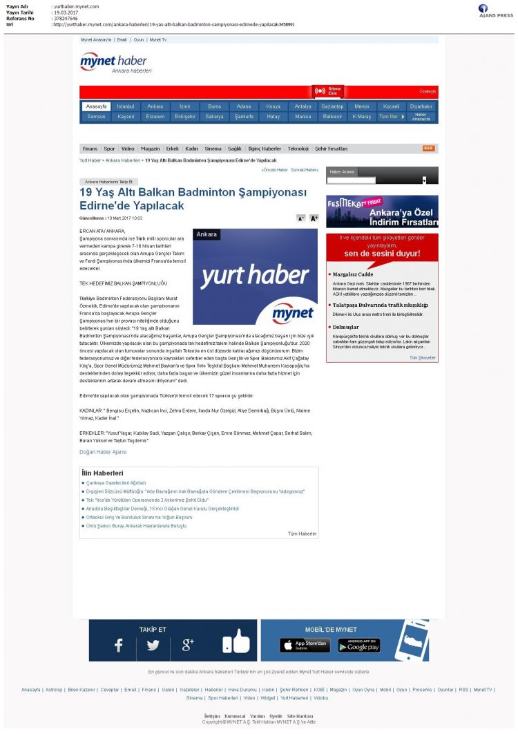 Mynet Haber – 20.03.2017 – 19 Yaş Altı Balkan Badminton Şampiyonası