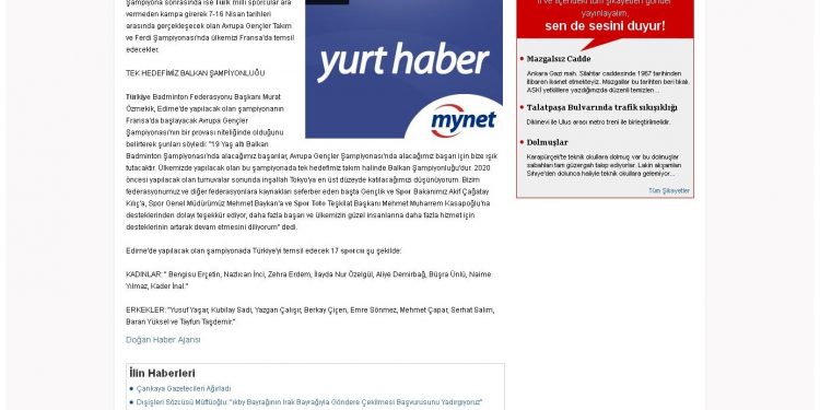 Mynet Haber – 20.03.2017 – 19 Yaş Altı Balkan Badminton Şampiyonası