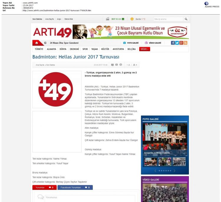 Artı 49 – 24.04.2017 – Badminton: Hellas Junıor 2017 Turnuvası