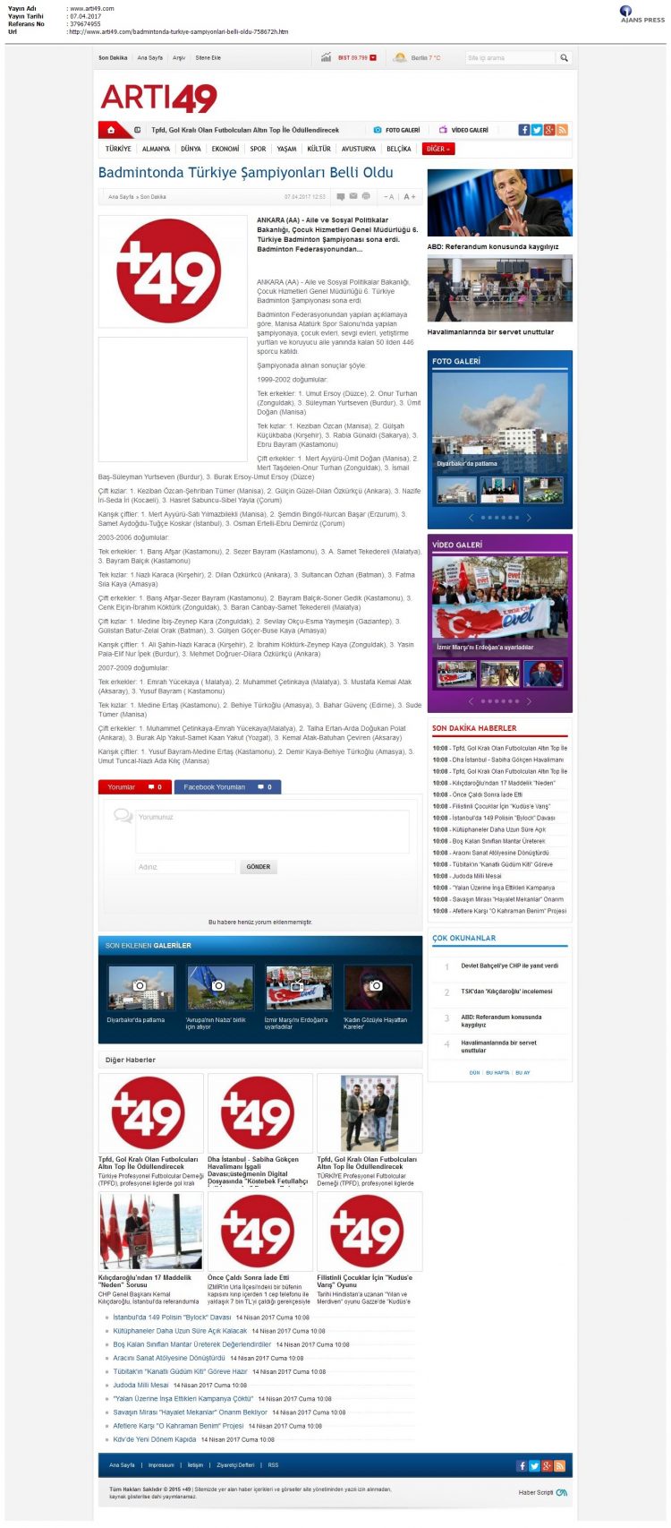 Artı 49 – 04.04.2017 – Badmintonda Türkiye Şampiyonları Belli Oldu