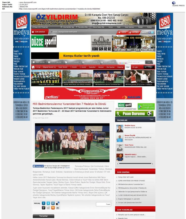 Düzce Sportif – 24.04.2017 – Milli Badmintoncularımız Yunanistan’dan 7 Madalya ile Döndü