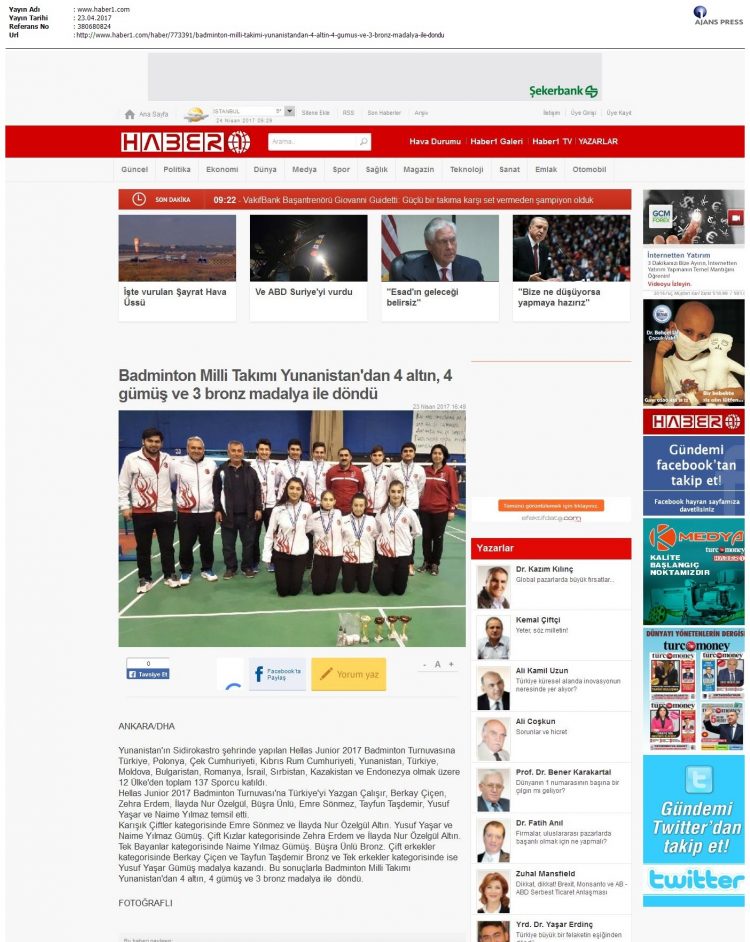 Haber 1 – 24.04.2017 – Badminton Milli Takımı Yunanistan’dan 2 Altın, 3 Gümüş, 2 Bronz madalya ile döndü