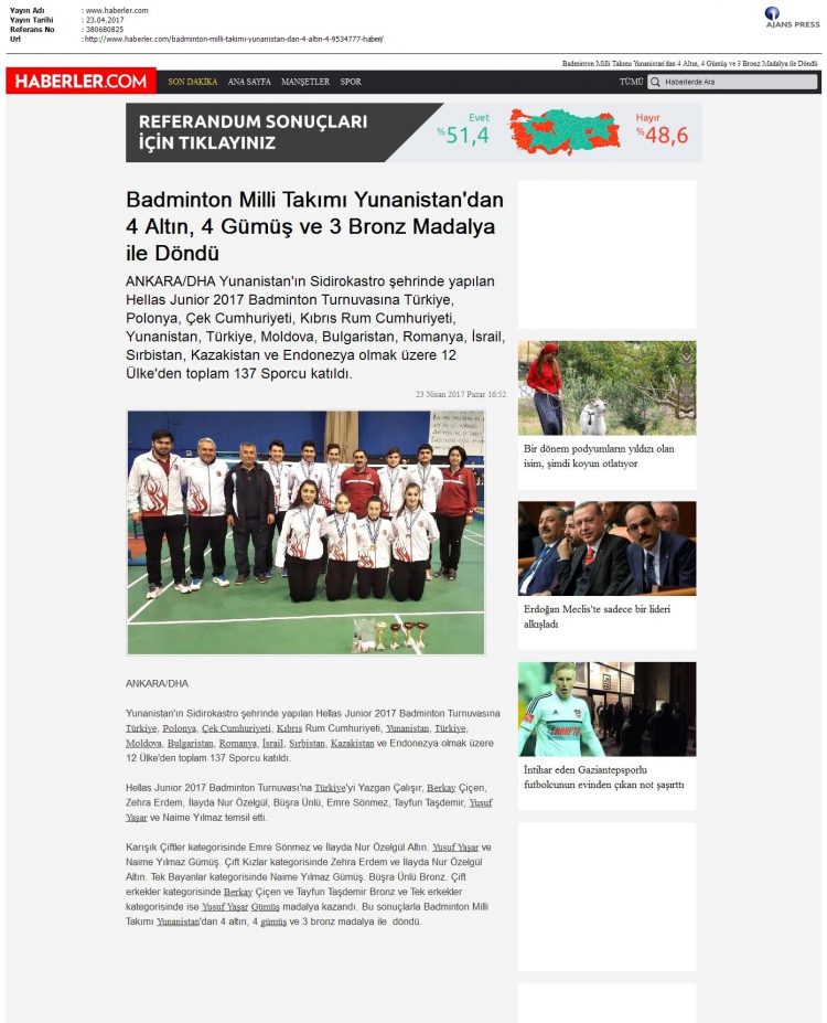 Haberler.com – 24.04.2017 – Badminton Milli Takım Yunanistan’dan 2 Altın, 3 Gümüş ve 2 Bronz Madalya ile Döndü