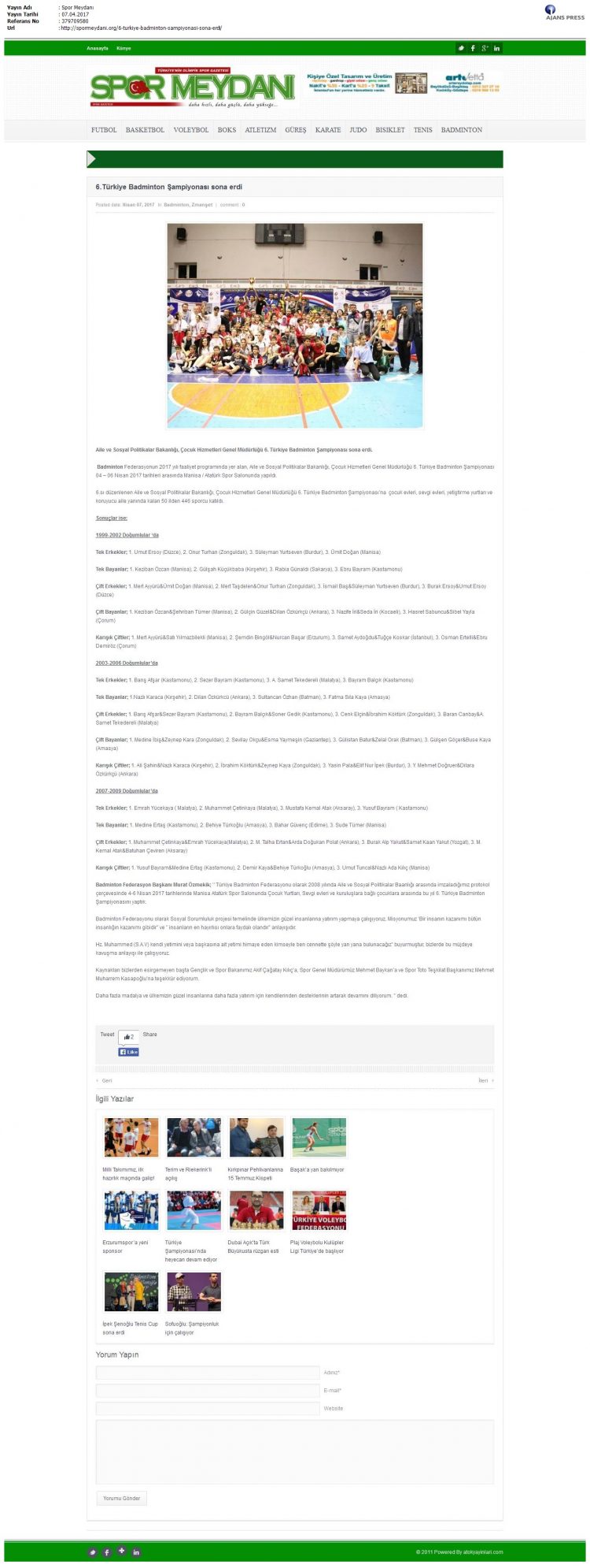 Spor Meydanı – 14.04.2017 – 6. Türkiye Badminton Şampiyonası sona erdi