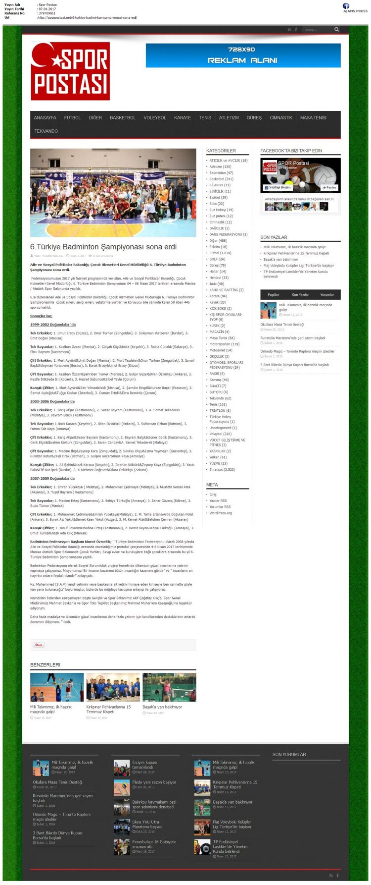 Spor Postası – 14.04.2017 – 6. Türkiye Badminton Şampiyonası sona erdi